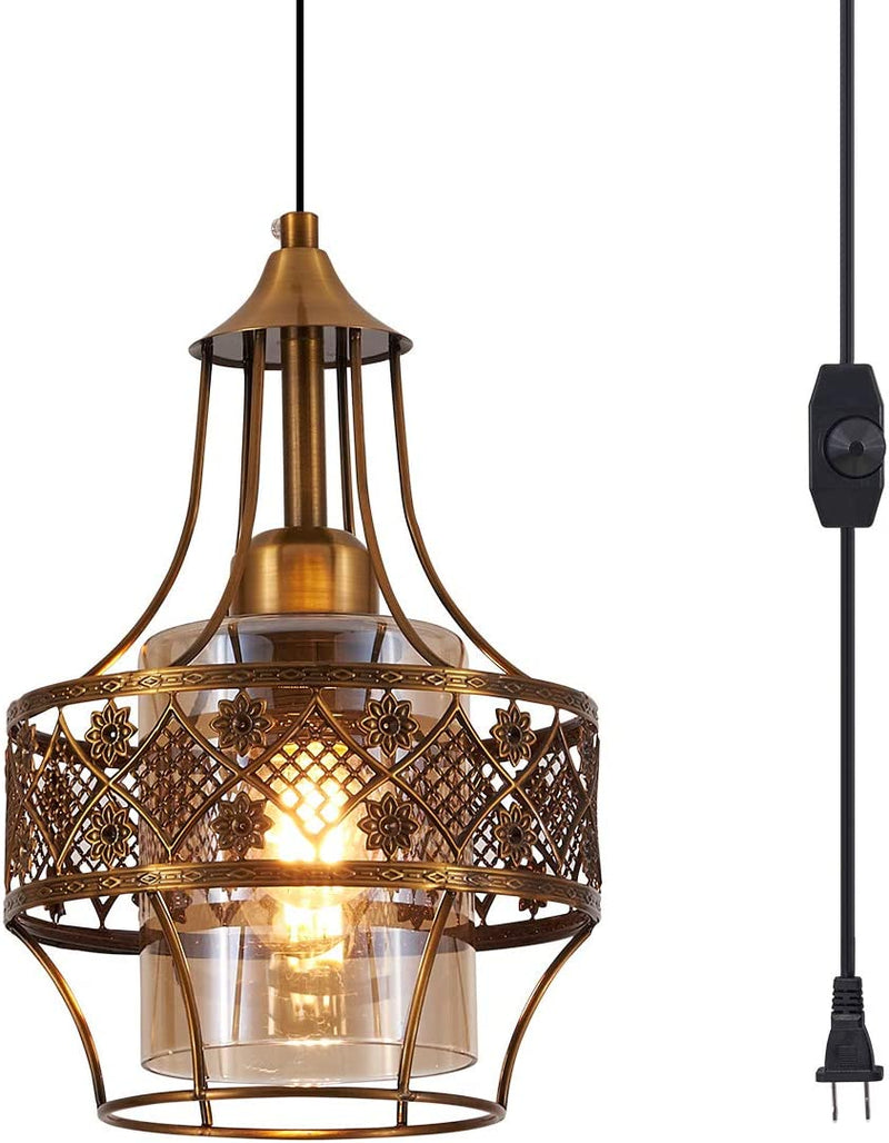 YLONG-ZS Hanging Lamps Crystal White Swag Lamp Rustic Pendant Light Plug in 16.4 FT Cord Hanging Pendant Light Cage In-Line On/Off Dimmer Switch for Kitchen Island, Dining Room,Black Finish Home & Garden > Lighting > Lighting Fixtures YLONG-ZS Yl10-bronze  