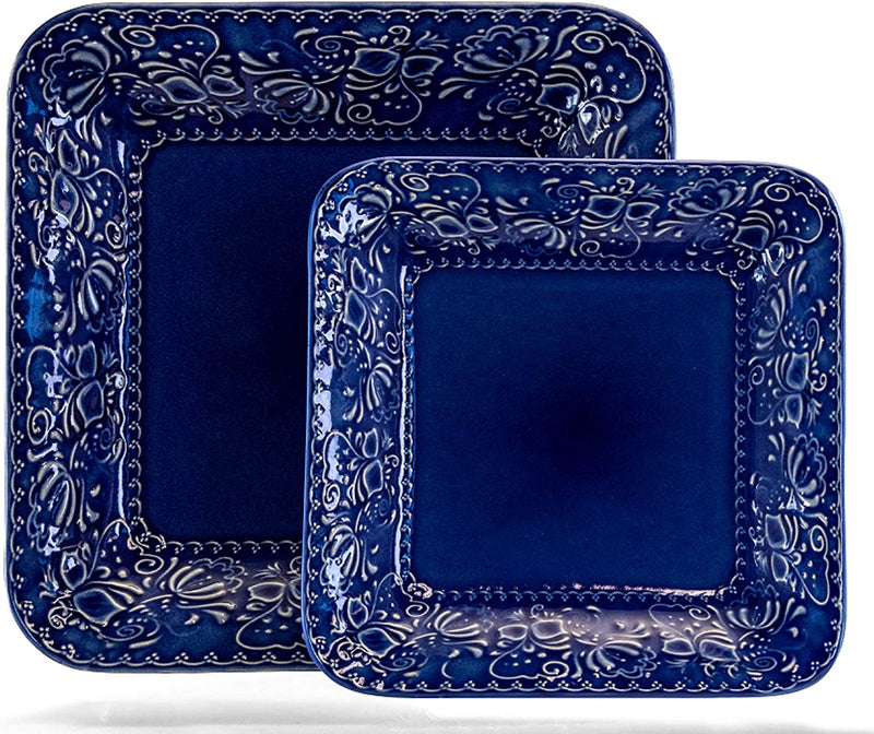 Elama Indigo Lotus 16 Piece Square Stoneware Dinnerware Set