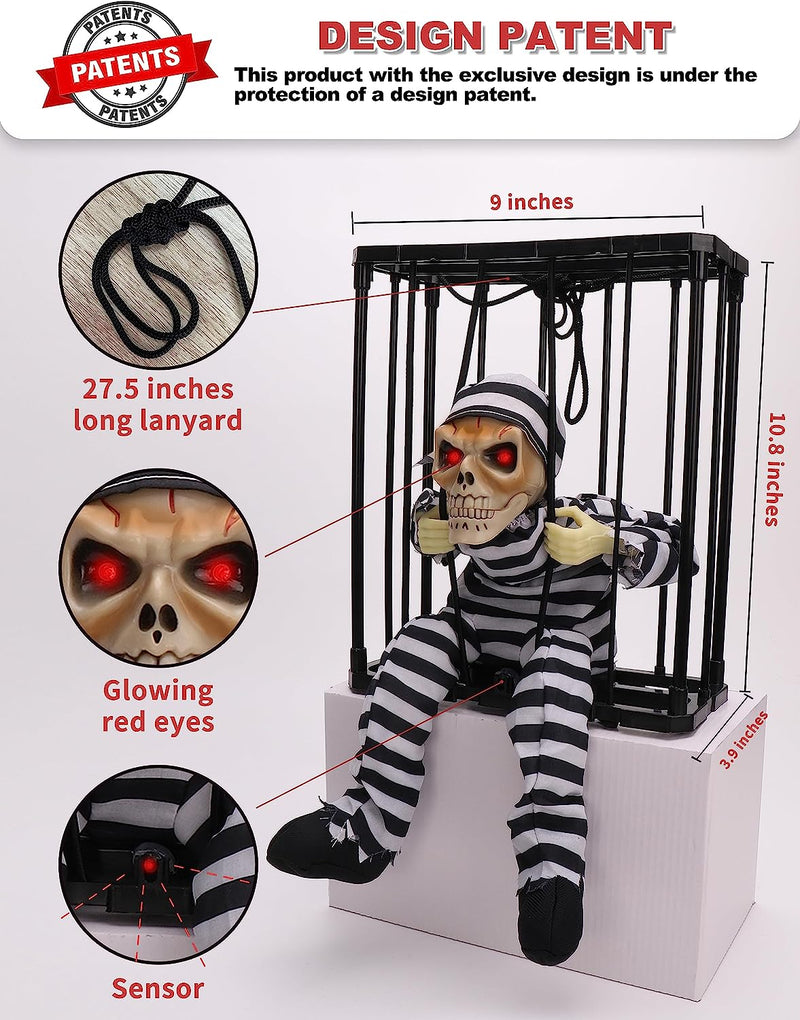 Screaming Animated Halloween Decorations, Halloween Decor Prop with Motion Sensor, Scary Skull Cage Prisoner Haunted House Decor, Spooky Hanging Ghost Light up Eyes Decorations  Sago Brothers   