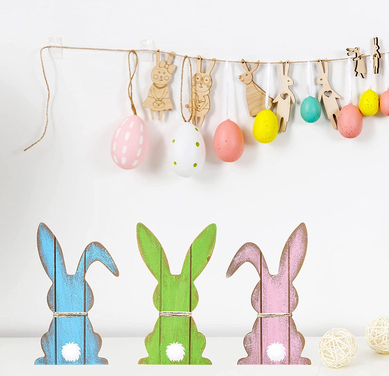 3 Pieces Easter Bunny Wooden Signs Easter Decorations Pink Blue Green Easter Farmhouse Rabbit Shaped Wooden Tabletop Centerpieces with Rope Freestanding Tabletop Decor for Spring Easter Home Office Gift Home & Garden > Decor > Seasonal & Holiday Decorations cynosa   