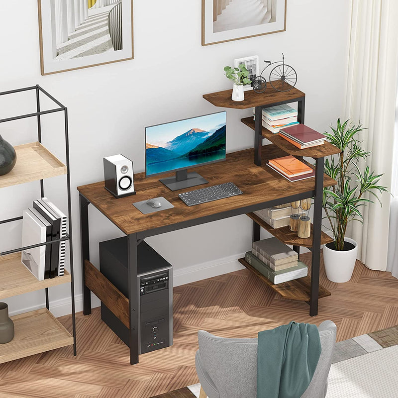 HOMCOM Compact Computer Desk with 4-Tier Open Bookshelf, Writing Table with Steel Frame for Home Office, Rustic Brown Home & Garden > Household Supplies > Storage & Organization Aosom LLC   