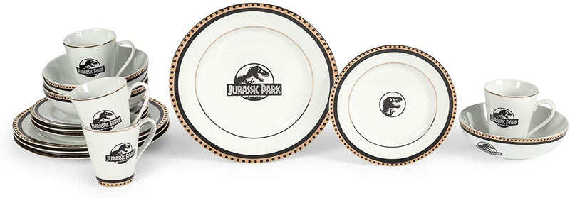 Jurassic Park Logo 16-Piece Ceramic Dinnerware Set Replica | Movie-Authentic Dinosaur Dish Set | Includes Dinner Plates, Salad Plates, Soup Bowls, Mugs | Place Setting for 4 Home & Garden > Kitchen & Dining > Tableware > Dinnerware Ukonic   
