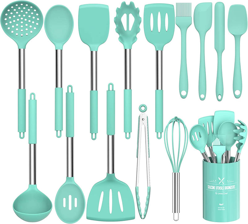 Silicone Cooking Utensil Set,Umite Chef Kitchen Utensils 15Pcs Cooking Utensils Set Non-Stick Heat Resistan Bpa-Free Silicone Stainless Steel Handle Cooking Tools Whisk Kitchen Tools Set - Grey Home & Garden > Kitchen & Dining > Kitchen Tools & Utensils Umite Chef Green  