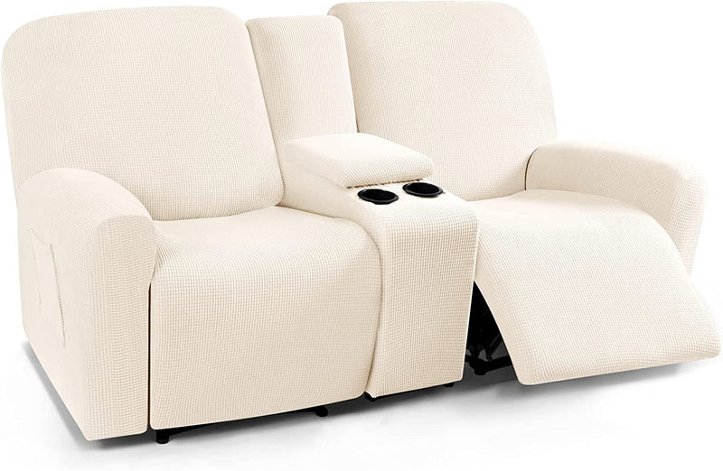 Recliner Loveseat Cover with Middle Console Sofa Slipcover, Stretch Reclining Sofa Covers for 2 Seat Reclining Couch, Jacquard Pattern Soft Loveseat Slipcover Furniture Protector, Black Home & Garden > Decor > Chair & Sofa Cushions TAOCOCO Beige 2 Seat 