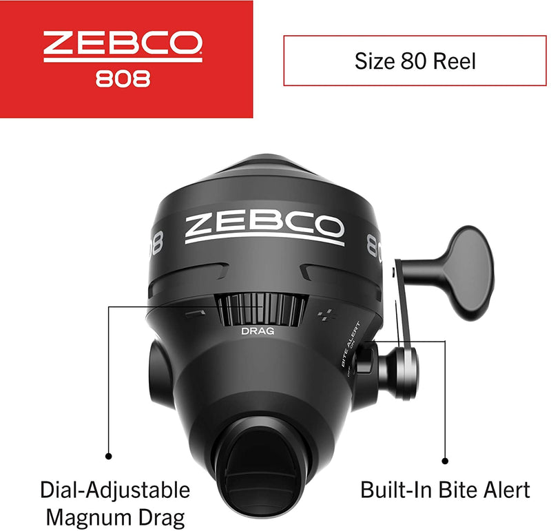 Zebco 808 Spincast Fishing Reel, Powerful All Metal Gears, Quickset Anti-Reverse and Bite Alert, Pre-Spooled with 20-Pound Zebco Fishing Line, Clam Pack, Black