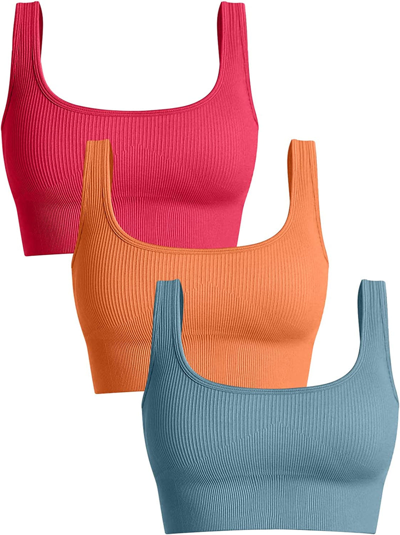 OQQ Women'S 3 Piece Medium Support Tank Top Ribbed Seamless Removable Cups Workout Exercise Sport Bra Sporting Goods > Outdoor Recreation > Winter Sports & Activities OQQ Brightred Orange Blue Medium 