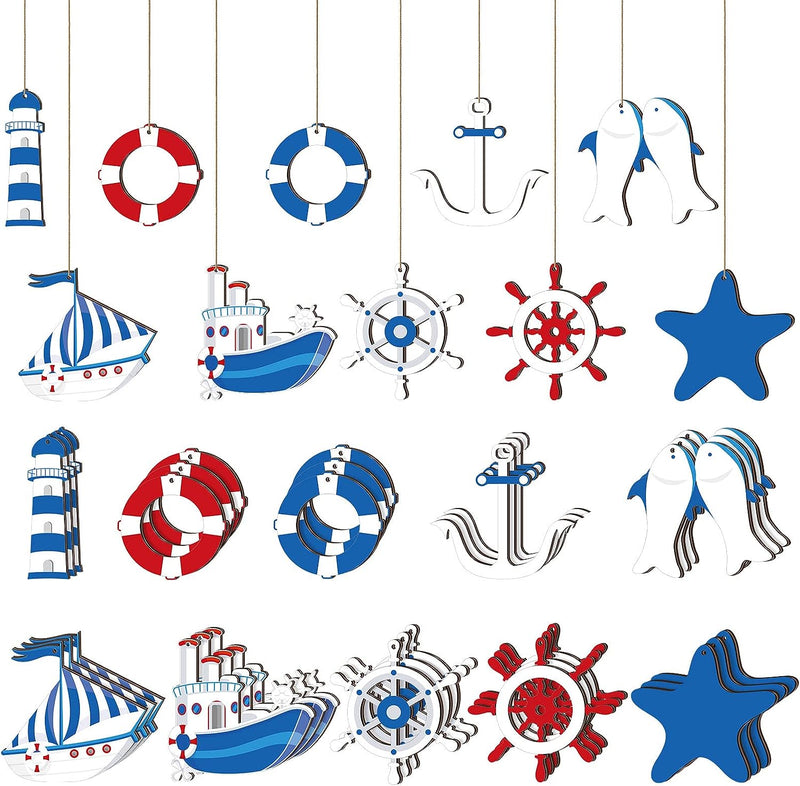 30 Pieces Nautical Party Decorations Wooden Nautical Ornament for Tree Anchor Life Ring Sea Star Sailboat Beach for Coastal Beach Theme Decor Home Tree Craft  Patelai   