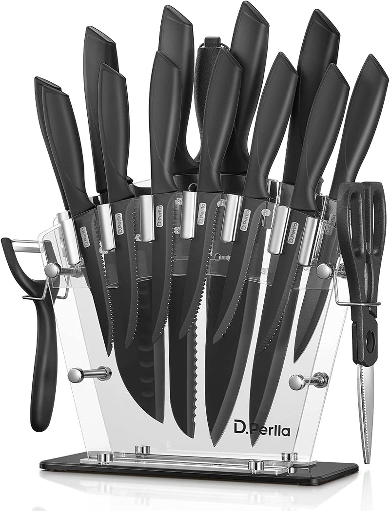 Knife Set, D.Perlla 16 Pieces Black Kitchen Knife Set with Acrylic Stand, High Carbon Stainless Steel, BO Oxidation Knife Block Set, No Rust, Non Slip Handle, Sharp Knife Home & Garden > Kitchen & Dining > Kitchen Tools & Utensils > Kitchen Knives D.Perlla Black  