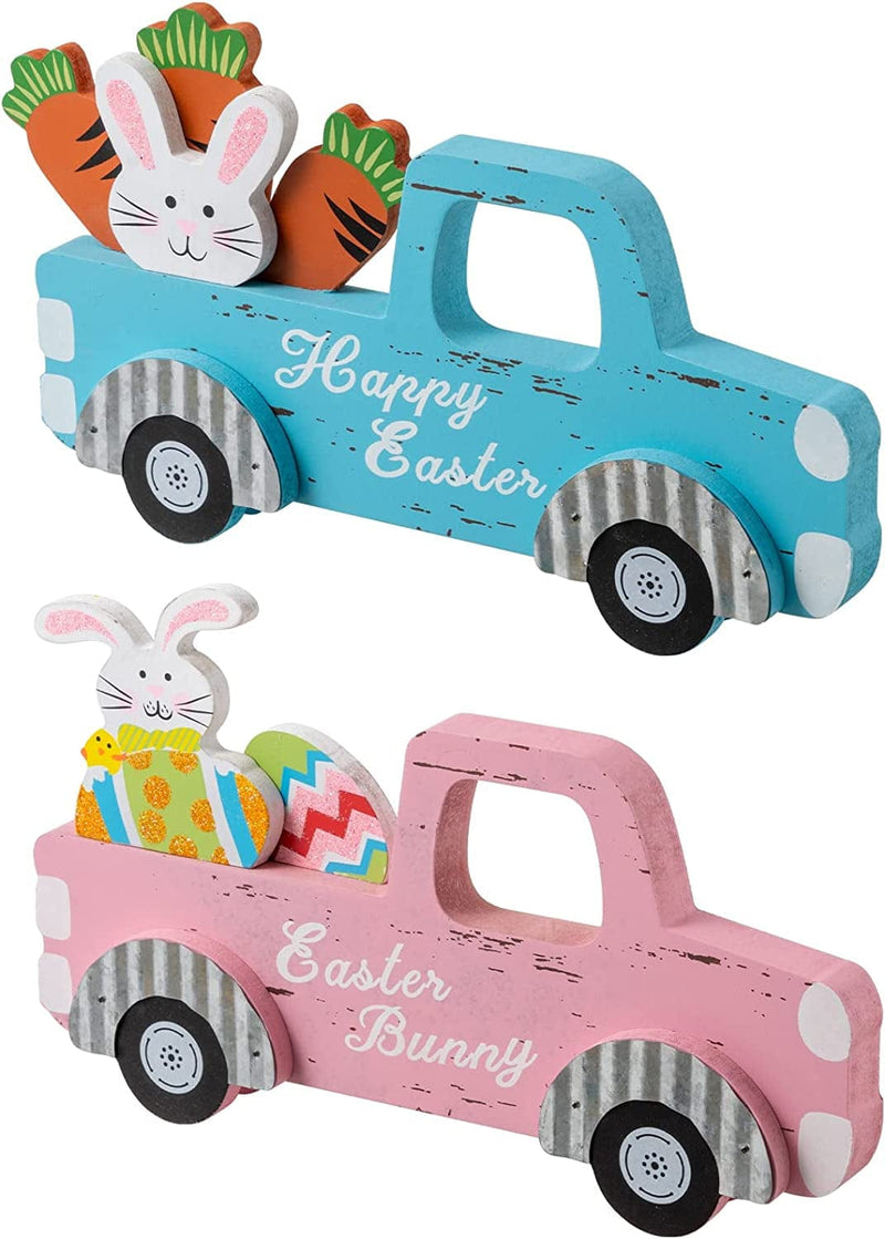 DECSPAS Easter Decorations for the Home, 2 PCS Pink and Blue Wood Car Easter Decor, "Happy Easter" "Easter Bunny" Sign Farmhouse Easter Table Decor, Eggs Chick Carrots Bunny Ornaments Tiered Tray Decor Home & Garden > Decor > Seasonal & Holiday Decorations DECSPAS   