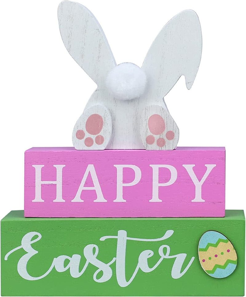 DECSPAS Easter Decorations for the Home, 3-Layered Bunny Eggs Ornaments Easter Spring Decor, Pink Green Wooden Blocks HAPPY Easter Sign Home Decor for Fireplace, Living Room, Dining Table, Office Home & Garden > Decor > Seasonal & Holiday Decorations DECSPAS   