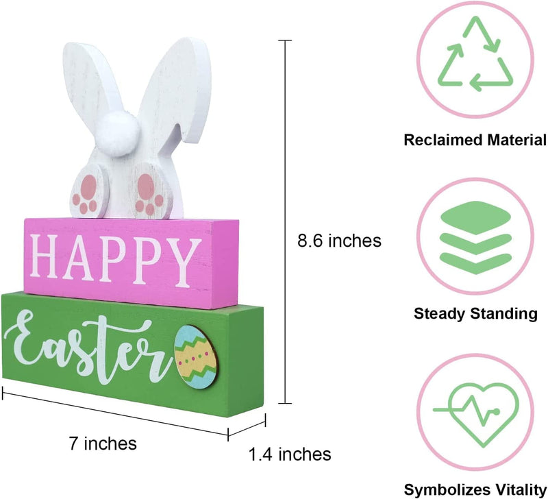 DECSPAS Easter Decorations for the Home, 3-Layered Bunny Eggs Ornaments Easter Spring Decor, Pink Green Wooden Blocks HAPPY Easter Sign Home Decor for Fireplace, Living Room, Dining Table, Office