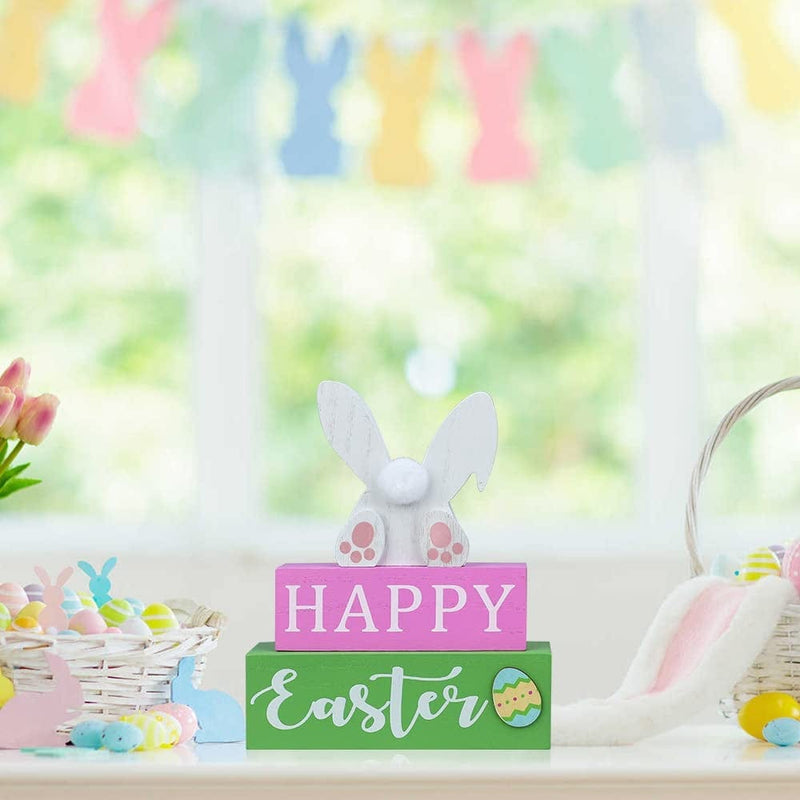 DECSPAS Easter Decorations for the Home, 3-Layered Bunny Eggs Ornaments Easter Spring Decor, Pink Green Wooden Blocks HAPPY Easter Sign Home Decor for Fireplace, Living Room, Dining Table, Office Home & Garden > Decor > Seasonal & Holiday Decorations DECSPAS   