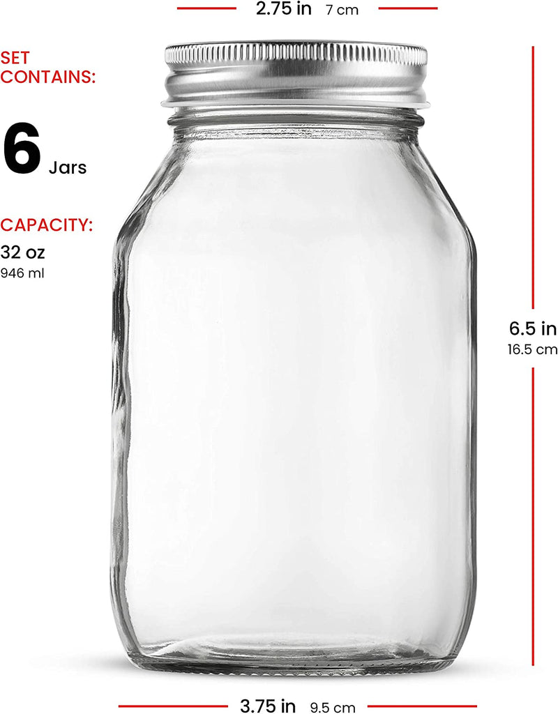 Glass Regular Mouth Mason Jars, 32 Ounce Glass Jars with Silver Metal Airtight Lids for Meal Prep, Food Storage, Canning, Drinking, Overnight Oats, Jelly, Dry Food, Spices, Salads, Yogurt (6 Pack)