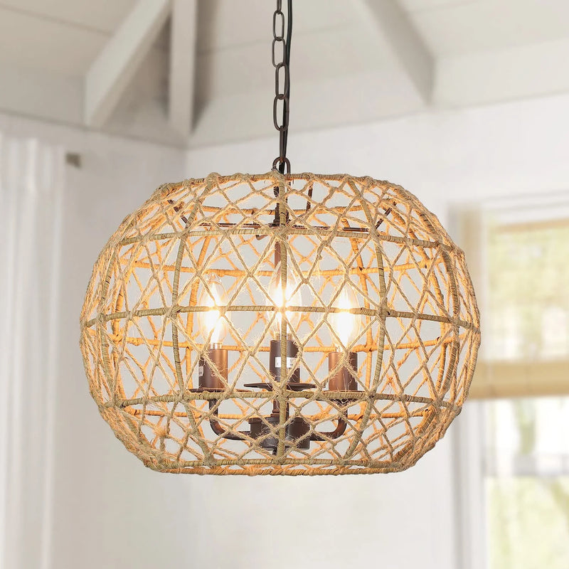 Depuley Rustic Woven Pendant Light, 3-Light Metal Basket Hanging Lights Fixture with Hemp Rope Finish, 39 Inch Adjustable Chain Vintage Chandeliers for Kitchen/Dining Table/Living Room, E12, UL Listed Home & Garden > Lighting > Lighting Fixtures Depuley Brown&khaki (3-light)  