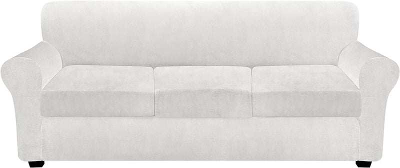 FINERFIBER Velvet High Stretch 4 Piece Sofa Slipcover | Thick Couch Cover for Pets | Couch Covers for 3 Cushion Couch | Furniture Protector for 3 Separate Cushion Couch Machine Washable (Sofa,Red) Home & Garden > Decor > Chair & Sofa Cushions FINERFIBER Ivory 3 seater 
