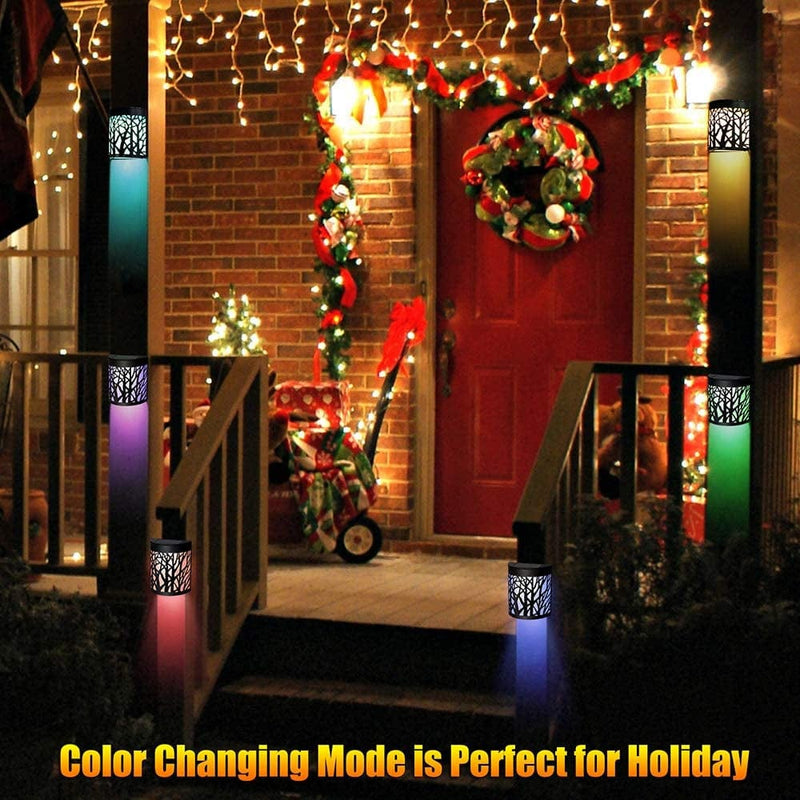 Denicmic Solar Wall Lights Outdoor Solar Fence Lights for Deck Patio Front Door Yard Stairs Led Forest Lamps Christmas Decorative Lighting Outdoor, Waterproof, Warm White/Color Changing (2 Pack)