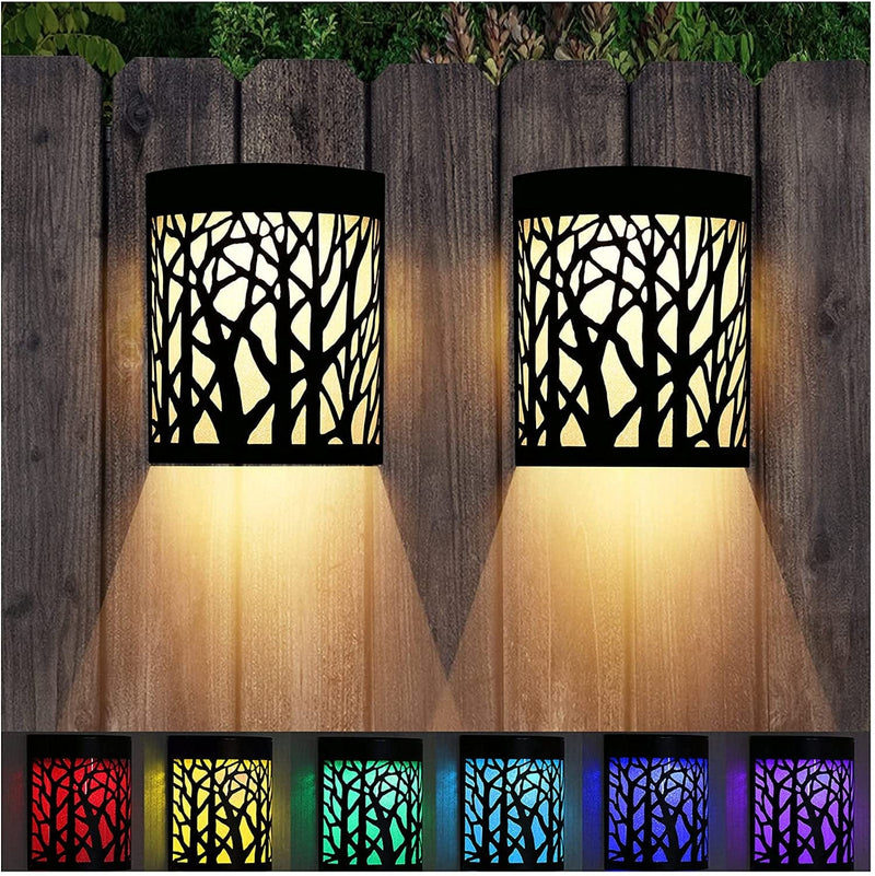 Denicmic Solar Wall Lights Outdoor Solar Fence Lights for Deck Patio Front Door Yard Stairs Led Forest Lamps Christmas Decorative Lighting Outdoor, Waterproof, Warm White/Color Changing (2 Pack)