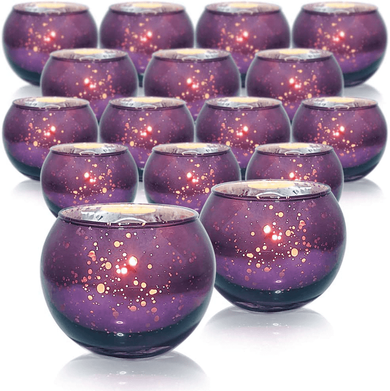 DerBlue 16Pcs Round Mercury Glass Votive Candle Holders for Wedding Centerpieces, Valentines Dinner, Garden Tub and Any Theme Events (Purple) Home & Garden > Decor > Home Fragrance Accessories > Candle Holders DerBlue Purple  