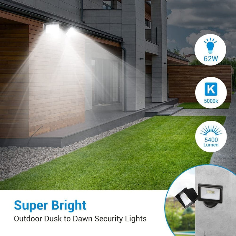 DEWENWILS 5400LM Dusk to Dawn LED Security Light Outdoor, 62W Super Bright Flood Light with Photocell, 5000K Daylight, IP65 Waterproof 2 Adjustable Heads Exterior Light for Garge, Backyard, Porch