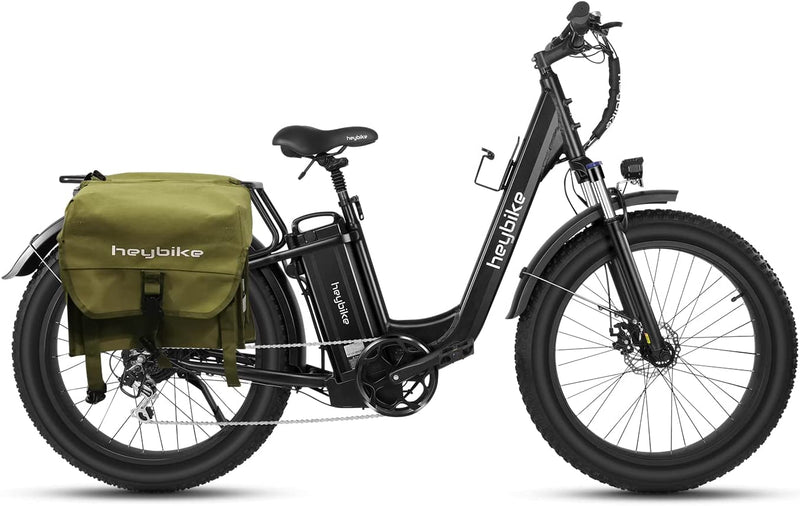 Heybike Explore Electric Bike for Adults 48V 20AH Removable Massive Battery, 750W Brushless Motor, 26" X 4.0 Fat Tire Step-Thru Ebike up to 28MPH, Shimano 7-Speed, UL Certified Sporting Goods > Outdoor Recreation > Cycling > Bicycles Jasion With Green Saddlebag  