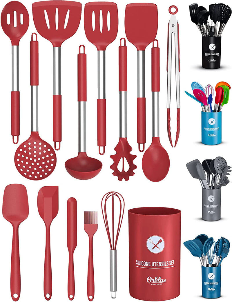 ORBLUE Silicone Cooking Utensil Set, 14-Piece Kitchen Utensils with Holder, Safe Food-Grade Silicone Heads and Stainless Steel Handles with Heat-Proof Silicone Handle Covers, Gray Home & Garden > Kitchen & Dining > Kitchen Tools & Utensils Orblue Passion Red  