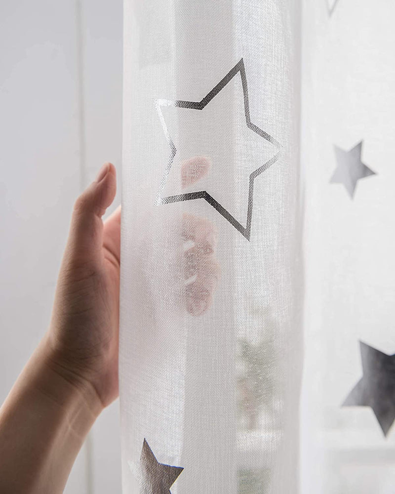 SEEKRIGHT Cute Star Sheer Curtains for Kids Bedroom - Silver Foil Print White Sheer Curtains for Girls Room Grommet Star and Moon Lace Sheer Curtains for Bedroom 95 Inch Length, Set 2 Panels
