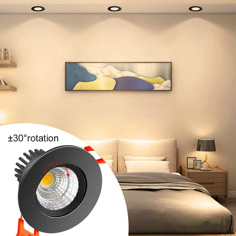 Inshareplus 2 Inch LED Downlight, 3W Recessed Lighting COB Dimmable, 3000K Warm White, CRI80, Black Trim, LED Ceiling Lights with LED Driver, 6 Pack