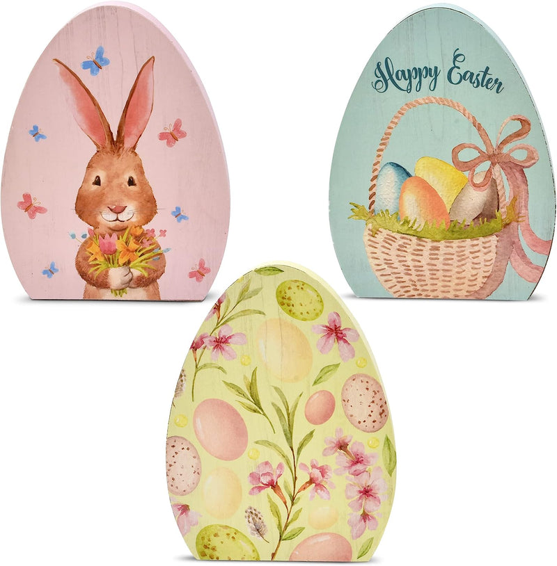 Wooden Easter Egg Table Decorations 3 Pack Decorative Spring Eggs Bunny Rabbit Flowers Design Tabletop Party Centerpiece Signs Rustic Wood Holiday Shelf Topper for Home Kitchen Office Mantle Decor