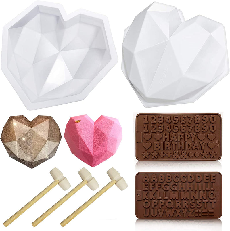 Heart Chocolate Mold, IVARSOYA 2Pcs Diamond Heart Silicone Molds for Baking with 3Pcs Wooden Hammers 1Pc Letter Mold 1Pc Number Mold Tray for Home Kitchen Cake Baking and Decoration Home & Garden > Kitchen & Dining > Cookware & Bakeware IVARSOYA   