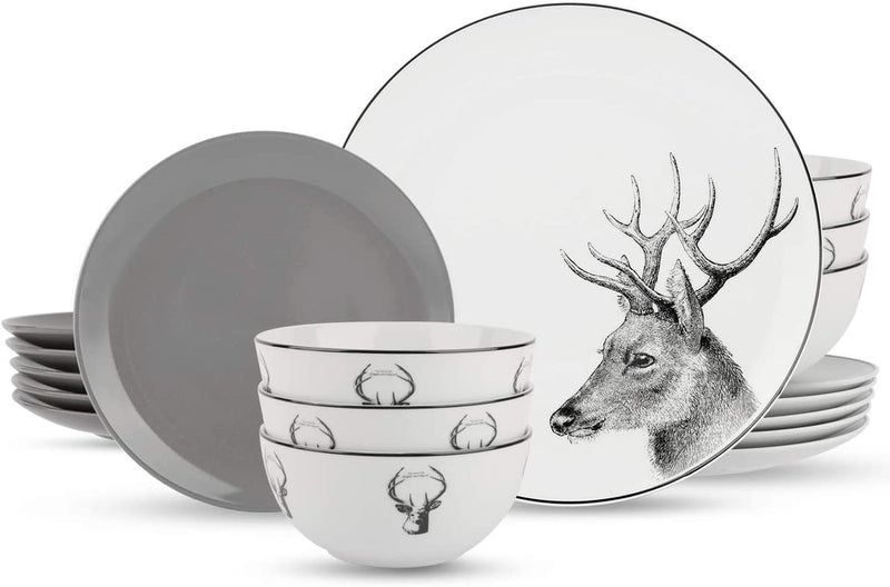 Kitchen Plates and Bowls Sets for 6, 18 Piece Dinnerware Sets, Dish Set with Deer Theme, Microwave Safe Plates and Bowls, Chip Resistant Dinnerware, Dishwasher Safe
