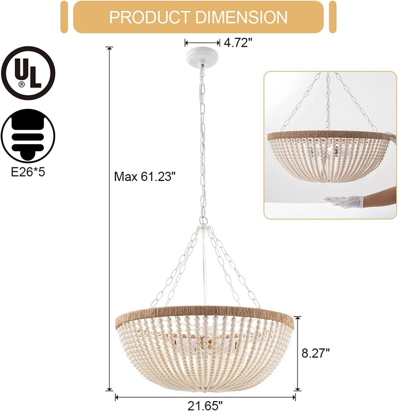 ELYCCUPA 5 Lights Bohemia Wood Beaded Chandelier Farmhouse Antique Rustic Pendant Light for Bedroom Kitchen Island Dining Living Room, White, Dia 22 Inch Home & Garden > Lighting > Lighting Fixtures > Chandeliers ELYCCUPA   