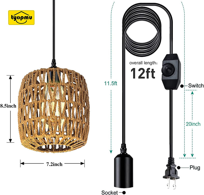 Farmhouse Plug in Pendant Light with Dimmer Switch,Wicker Hanging Lights W/ Plug in Cord 12Ft,Dimmable Hand-Woven Rattan Chandelier Swag Lamps,Boho Hanging Lamp,For Bedroom, Kitchen Island,Cafe,Bar Home & Garden > Lighting > Lighting Fixtures TYOPMU   