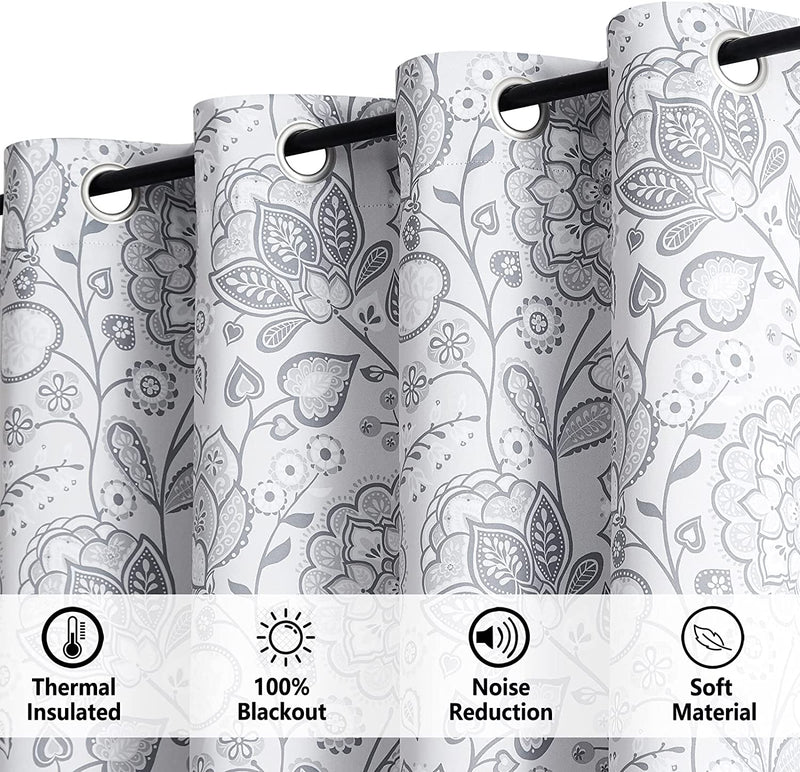 Grey Blackout Curtains Bedroom 63Inch Floral Room Darkening Thermal Insulated Curtain Panels for Living Room Retro Jacobean Window Drapes for Guest Room Grommet Top 2 Panels Home & Garden > Decor > Window Treatments > Curtains & Drapes FMFUNCTEX   