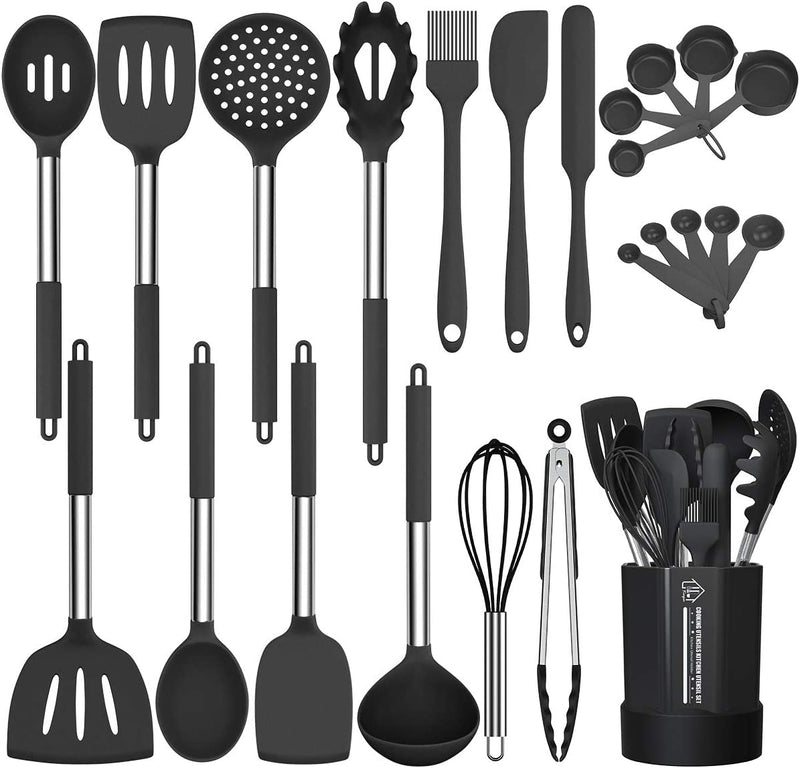 Silicone Cooking Utensil Set, Fungun Non-Stick Kitchen Utensil 24 Pcs Cooking Utensils Set, Heat Resistant Cookware, Silicone Kitchen Tools Gift with Stainless Steel Handle (Khaki-24Pcs) … Home & Garden > Kitchen & Dining > Kitchen Tools & Utensils Fungun Black-24pcs  