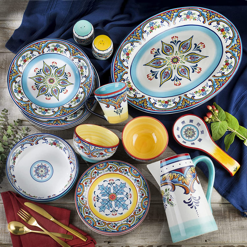 Euro Ceramica Zanzibar Double Bowl 16-Piece Dinnerware Set | Fine Kitchenware | Floral Multicolor Design Stoneware Tableware Service for 4
