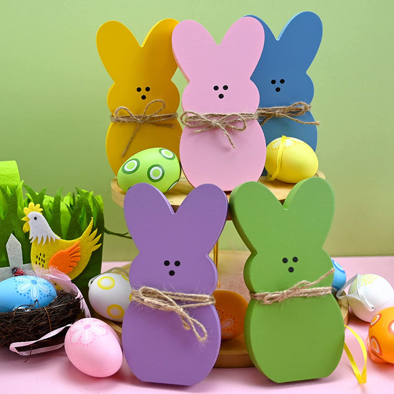 Easter Bunny Decor, 5 Easter Bunny Peeps Tiered Tray Sign Set Centerpieces Wooden Spring Rabbit Shaped Table Decorations for Office Dining Room Mantle Home Wood Rustic Farmhouse Party Supplies Home & Garden > Decor > Seasonal & Holiday Decorations NONVJJ   