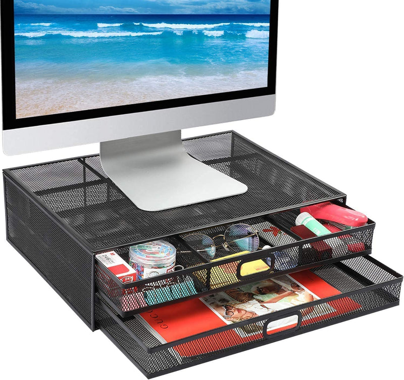 Monitor Stand with Drawer, Monitor Stand, Monitor Riser Mesh Metal, Desk Organizer, Monitor Stand with Storage, Desktop Computer Stand for PC, Laptop, Printer - HUANUO
