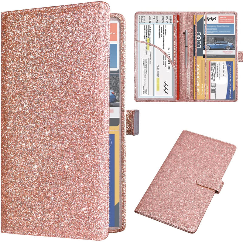 Dmluna Car Registration and Insurance Holder, Leather Vehicle Card Document Glove Box Organizer, Auto Truck Compartment Accessories for Essential Information, Driver License Cards, Glitter Rose Sporting Goods > Outdoor Recreation > Winter Sports & Activities DMLuna AA - Glitter Rose  