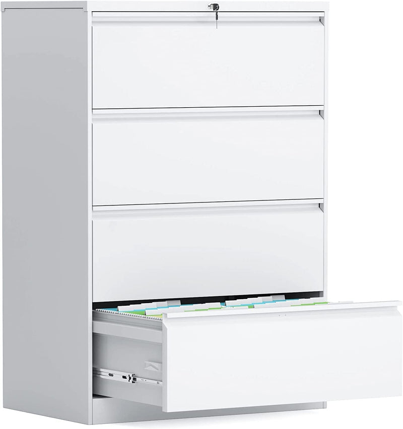 Greenvelly 3 Drawer File Cabinet, Lateral Filing Cabinet with Lock, Locking Metal Steel File Drawers Cabinet for Home Office, Horizontal File Cabinets for Legal/Letter/A4/F4 Size with Hanging Bars&Key Home & Garden > Household Supplies > Storage & Organization Greenvelly White 4 drawer 