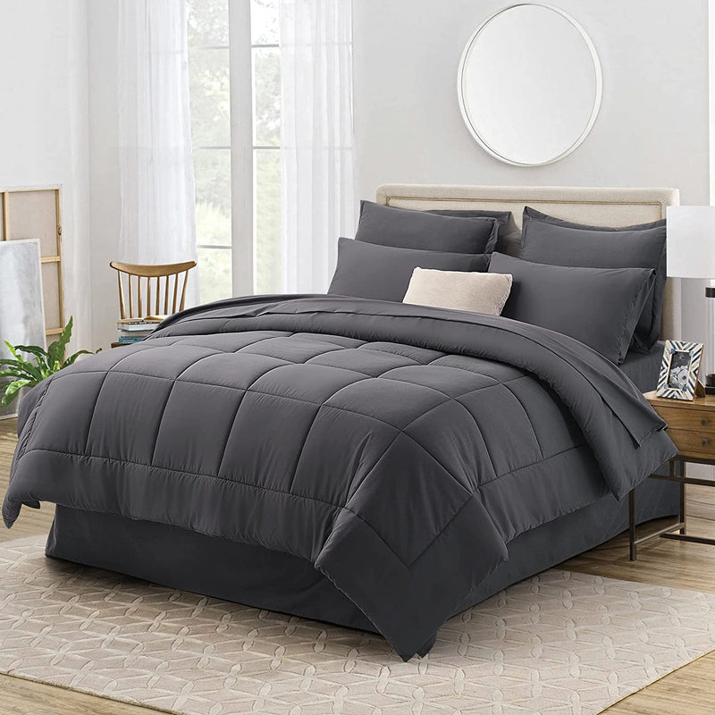 Cottonhouse 8 Pieces Comforter Set Queen Size Bed, Luxury Solid Color Bedding Set with Comforter , Soft Lightweight All Season down Alternative Comforter Set in a Box(Queen, 88"X 88", Grey)