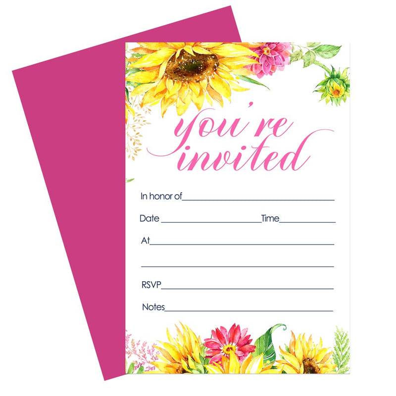 Sunflower Invitations with Envelopes (15 Pack) Blank Invites for Girls Baby Shower, Engagement, Retirement, Bridal, Handwrite Any Event Details - Rustic Flower Party Supplies Yellow Arts & Entertainment > Party & Celebration > Party Supplies Paper Clever Party   