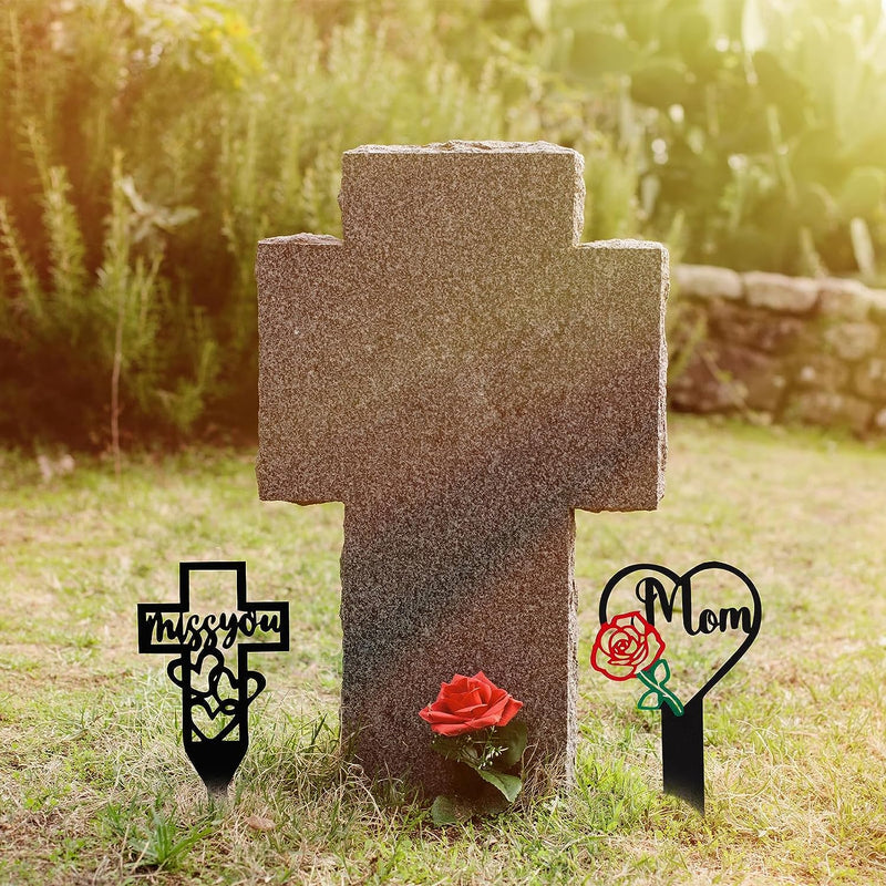 Jspupifip 2 Pcs Memorial Grave Marker Stake, Metal Heart Mom Sympathy Grave Stake Cross Miss You Memorial Stakes Grave Cemetery Decor Outdoors Garden Yard Signs Marker for Mom Grave (Mom Style)  Jspupifip   
