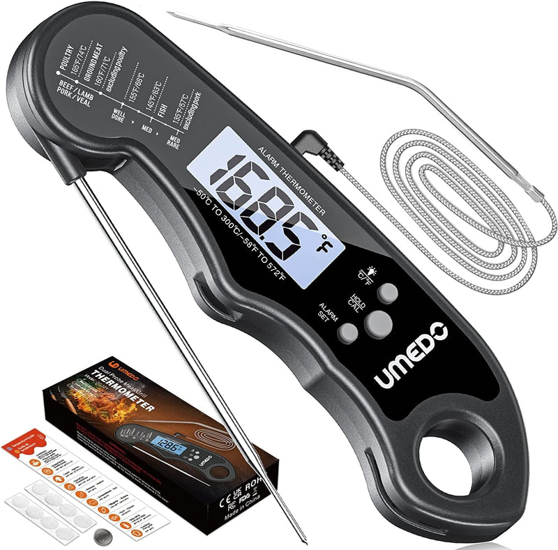 Digital Meat Thermometer, Umedo 2 in 1 Waterproof Instant Read Food Thermometer, Alarm Set, Backlight, Cal, Temp Chart, Cooking Thermometer for Grilling, BBQ, Baking, Candy, Liquid, Deep Fry