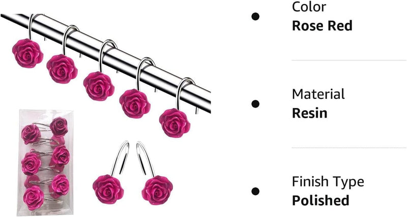 DLD Shower Curtain Hooks, 12 Anti-Rust Decorative Resin Hooks (5 Colors Available) for Bathroom, Baby Room, Bedroom, Living Room Decoration (Rose Red) Home & Garden > Decor > Seasonal & Holiday Decorations DLD   