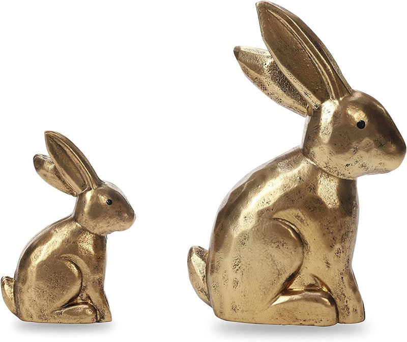 DN DECONATION Golden Bunny Figurines, Wooden Bunny Decor, Small Easter Rabbit Statue Set of 2, Vintage Easter Decorations, Bunny Decorations for Home, Spring Decor, Gift