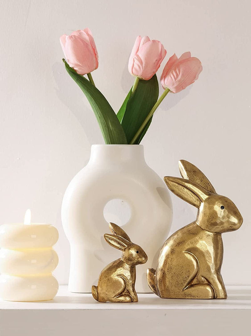DN DECONATION Golden Bunny Figurines, Wooden Bunny Decor, Small Easter Rabbit Statue Set of 2, Vintage Easter Decorations, Bunny Decorations for Home, Spring Decor, Gift