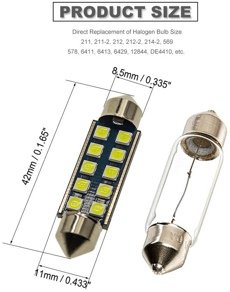DODOFUN 41MM 42MM Festoon 211-2 569 578 6411 6000K White Extra Bright LED Bulbs for Car Interior Lights License Plate Map Dome Trunk Door Courtesy Light 10-SMD Chipset Canbus Error Free Vehicles & Parts > Vehicle Parts & Accessories > Motor Vehicle Parts > Motor Vehicle Interior Fittings DODOFUN-DA42   