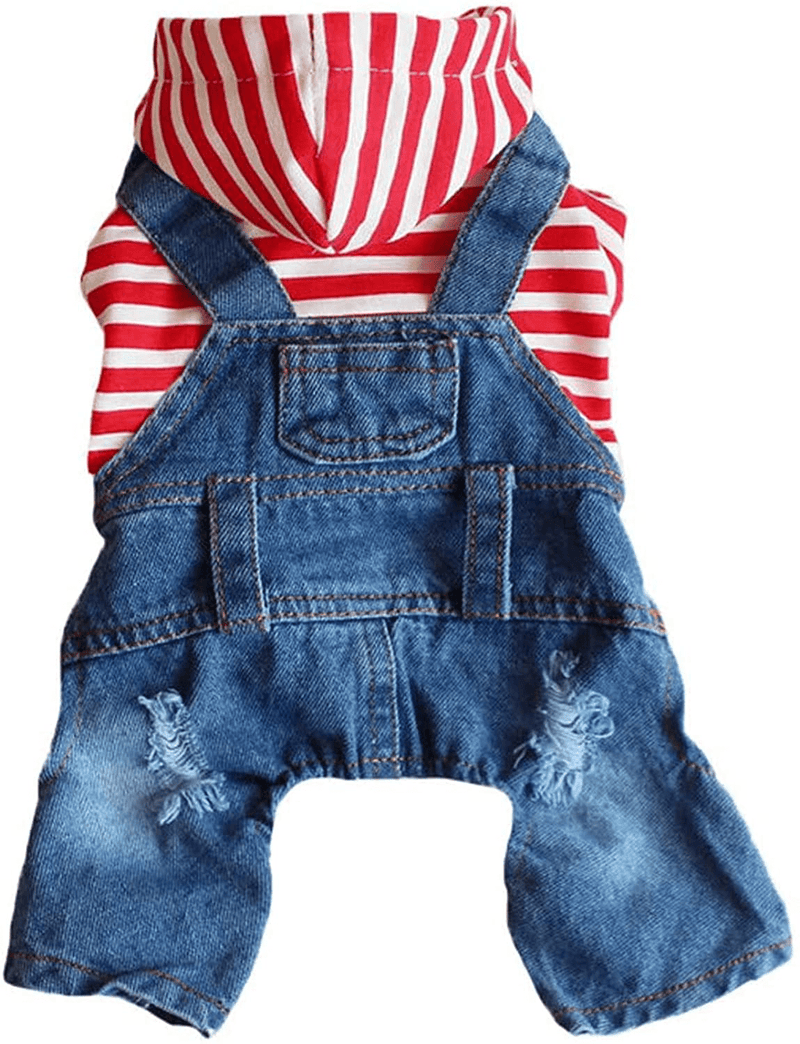DOGGYZSTYLE Pet Dog Cat Hoodies Clothes Striped Pajamas Denim Outfits Blue Jeans Jumpsuits One-Piece Jacket Costumes Apparel Hooded Coats for Small Puppy Medium Dogs Animals & Pet Supplies > Pet Supplies > Cat Supplies > Cat Apparel DOGGYZSTYLE Red Large (Pack of 1) 