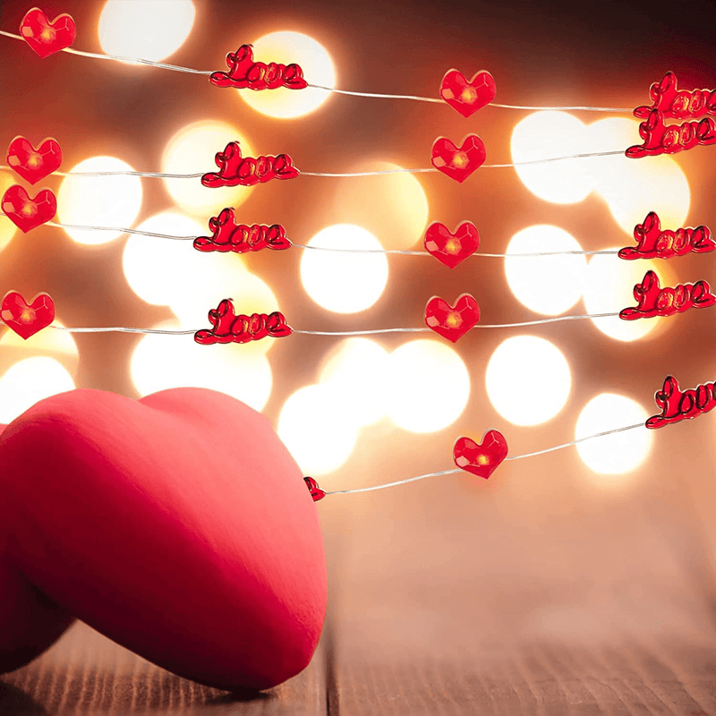 Domestar Valentine Day Red Heart Shaped String Lights ,10Ft 30 Leds Heart and Love Hanging String Lights with Remote Battery Operated Lights for Romantic Night Wedding Anniversary Decor
