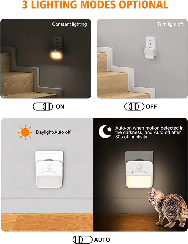 Domxty Motion Sensor Night Light, [3 Lighting Modes] Plug in Dimmable Night Light, Energy Saving LED Nightlight for Bedroom, Hallway, Kitchen, Stairs, Bathroom - 2 Pack (Warm Yellow)